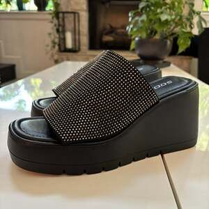SODA Doodle Y2k Rhinestone Strap Platform Wedge Sandal Black 10M